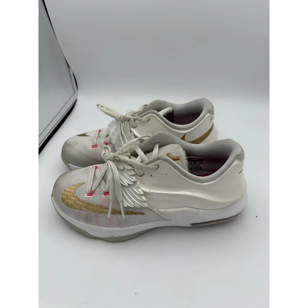Nike KD 7 Aunt Pearl Shoes Boys Size‎ 5Y White Gold Pink Basketball 745407-176